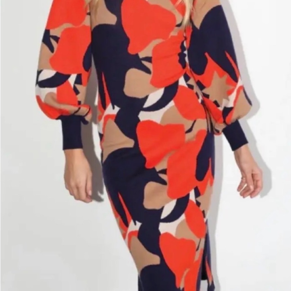 Never Fully Dressed Knit Midi Dress L  Floral Navy Orange Long Sleeve Bodycon - Picture 2 of 4